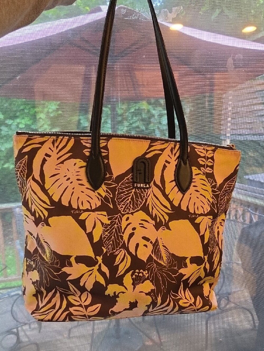 Furla Floral Print Tote Bag in Brown, Yellow & Light Pink